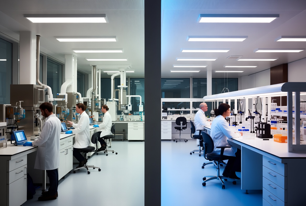 Pharmaceutical grade vs research grade laboratory comparison — two professional labs side by side — Titanborn Research