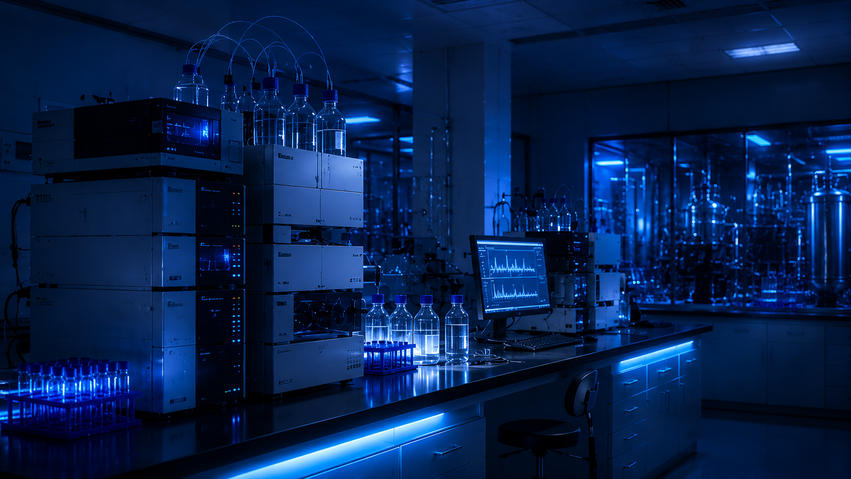 Research peptide synthesis laboratory — HPLC purification equipment — Titanborn Research